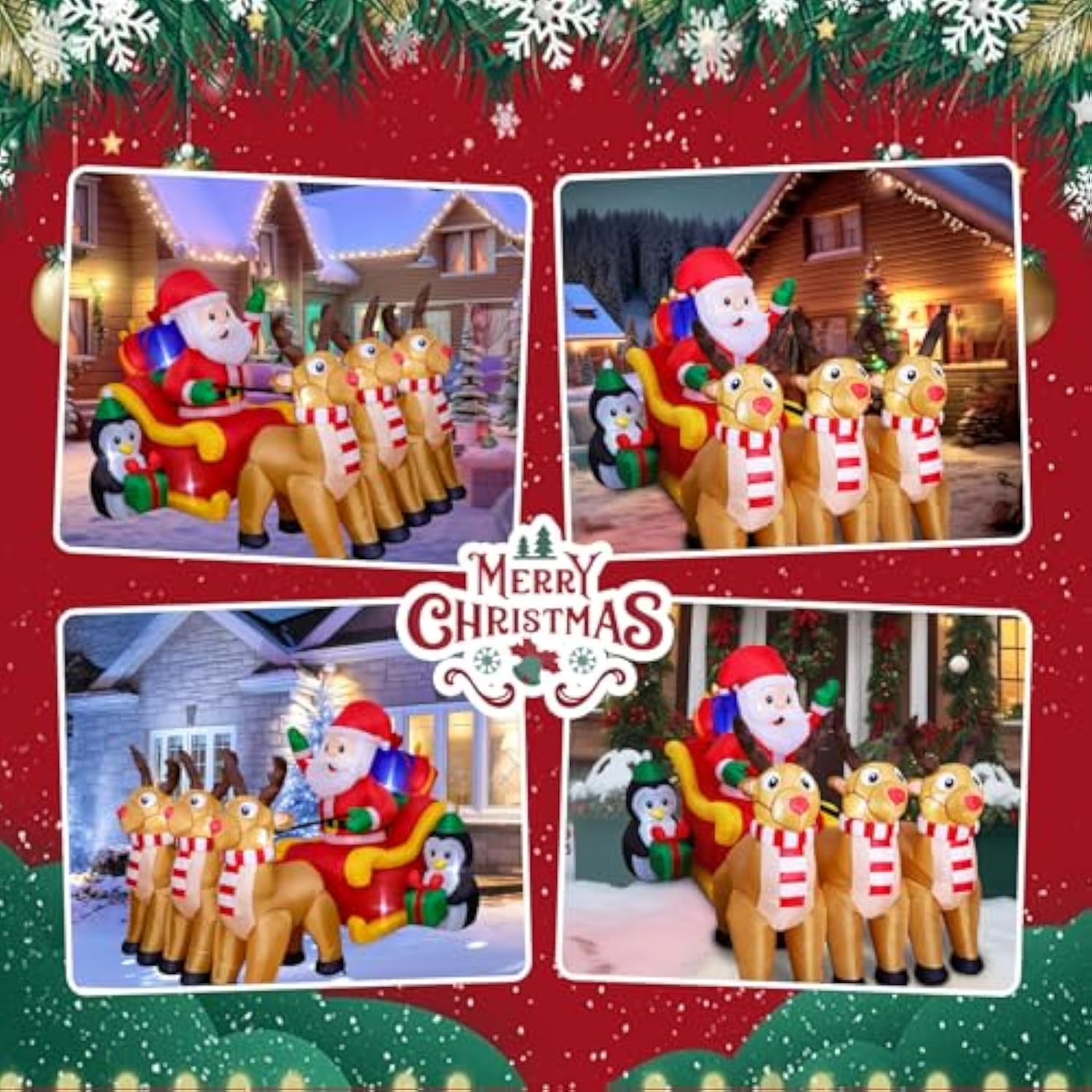 7.6Ft Christmas Inflatable Santa Claus With Sleigh And 3 Reindeer, Penguin With Gift, Lighted Blow Up Yard Decorations O
