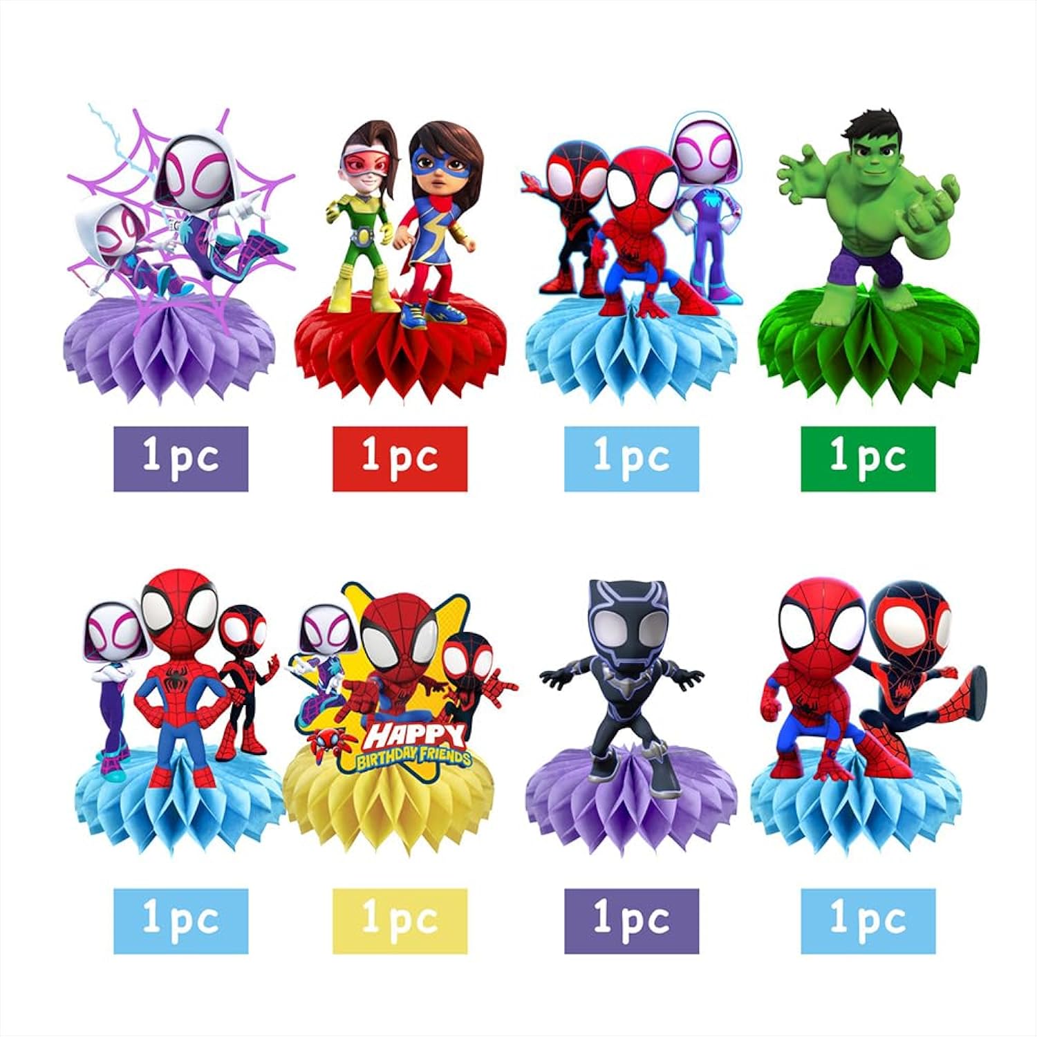 8Pcs Spider And His Friends Honeycomb Table Centerpiece, Cartoon Birthday Party Supplies Table Decorations For Kids Party Decorations