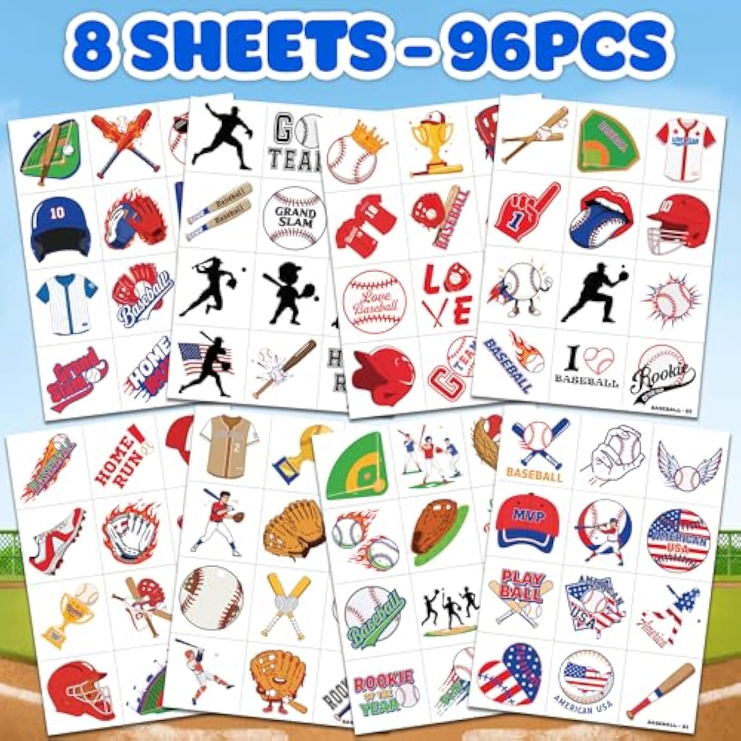 96 Pcs Baseball Sports Pre-Cut Temporary Tattoos For Kids | Super Cute Baseball Themed Birthday Party Favors, Supplies, Decorations, Fake Tattoo Stickers (Multiple)