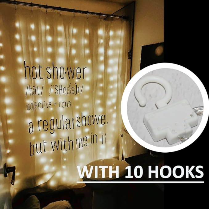 72x72 Inch Shower Curtain Fairy Lights 180 LED Battery Operated Waterproof Curtain String Lights with Hooks Indoor Outdoor Bathroom Bedroom Party Decor No Curtain Included