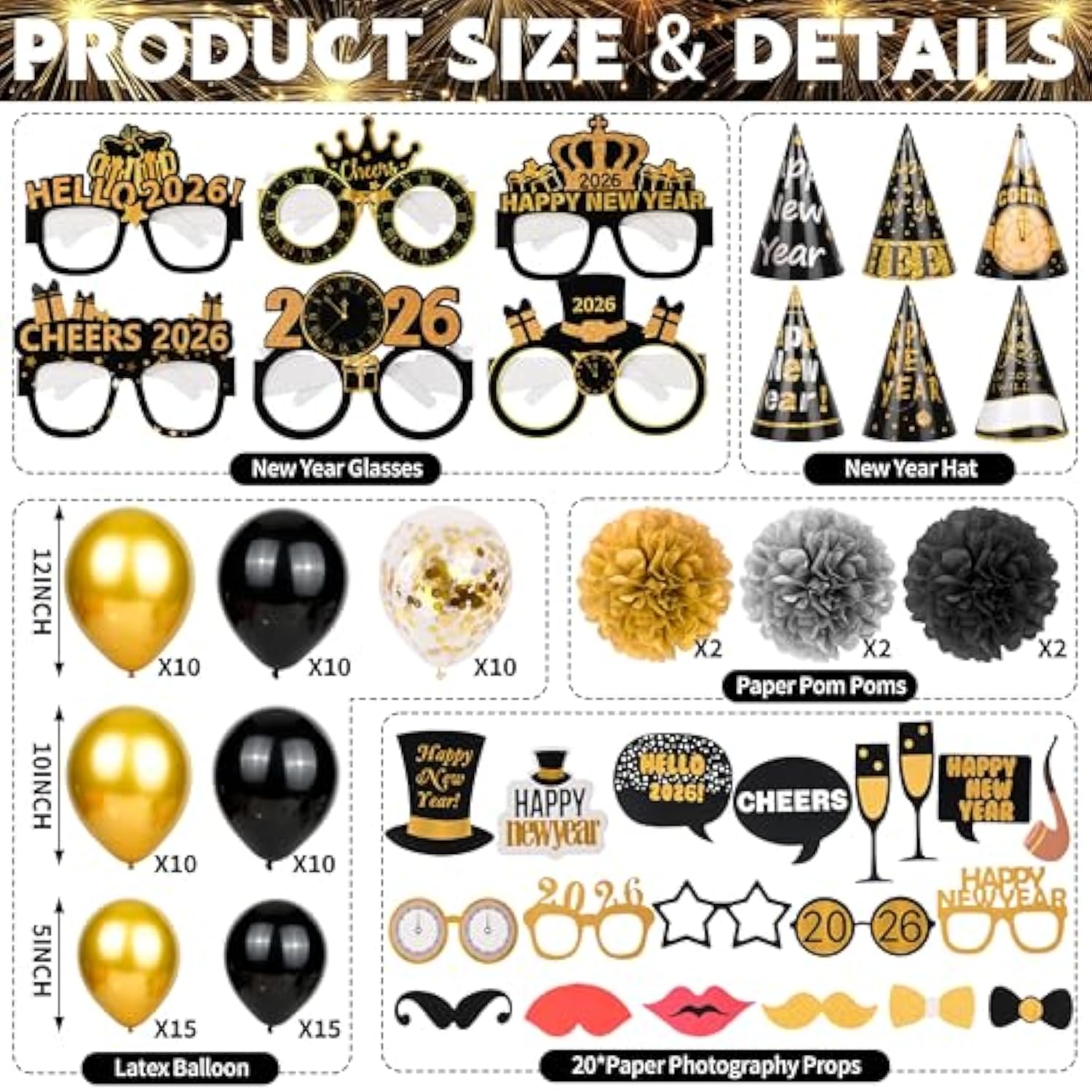 136 Pcs Black Gold Happy New Year 2026 Party Decoration Set