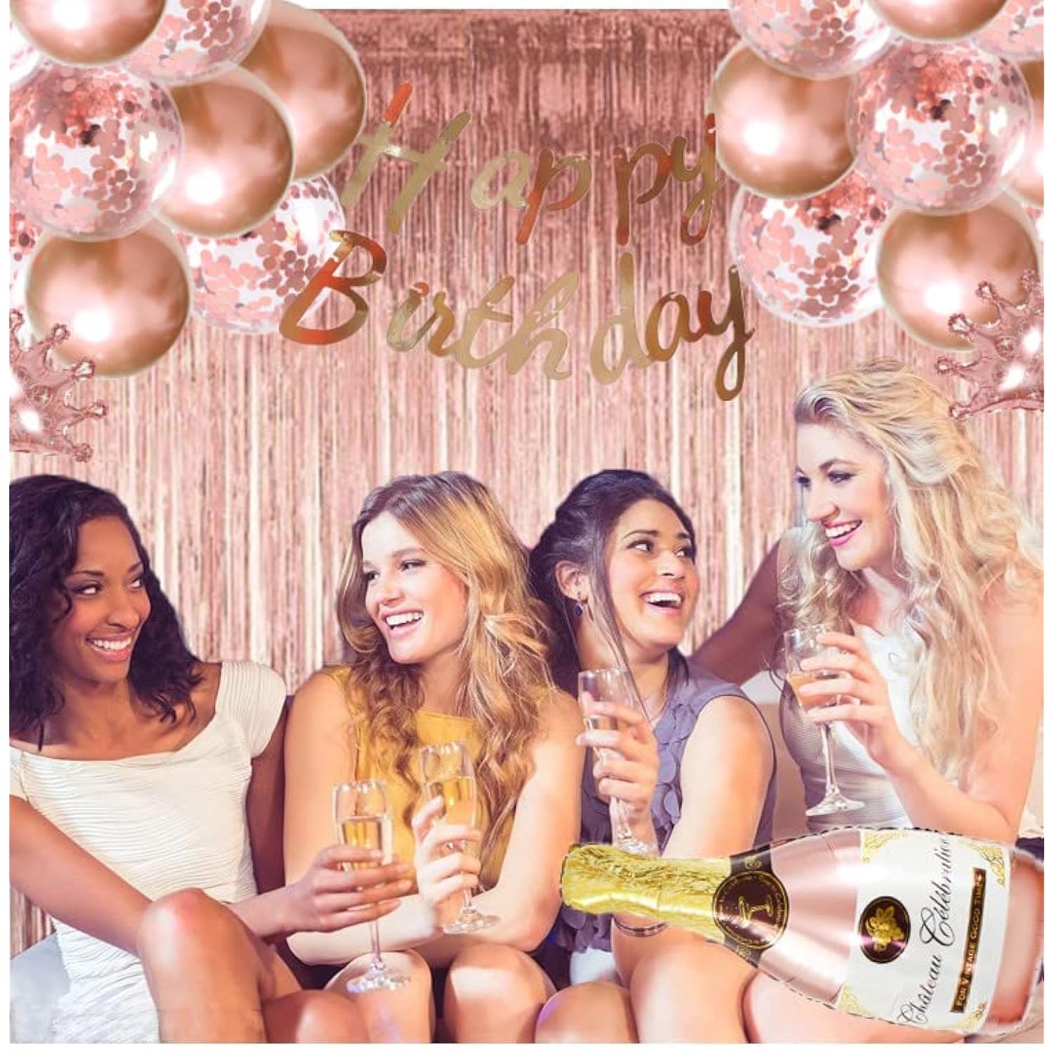 Rose Gold Birthday Party Decorations,Happy Birthday Banner,Fringe Curt