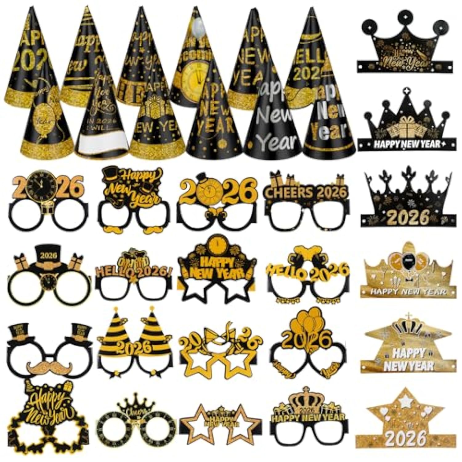 34pcs New Year 2026 Party Supplies Black Gold Hats Glasses and Accessories