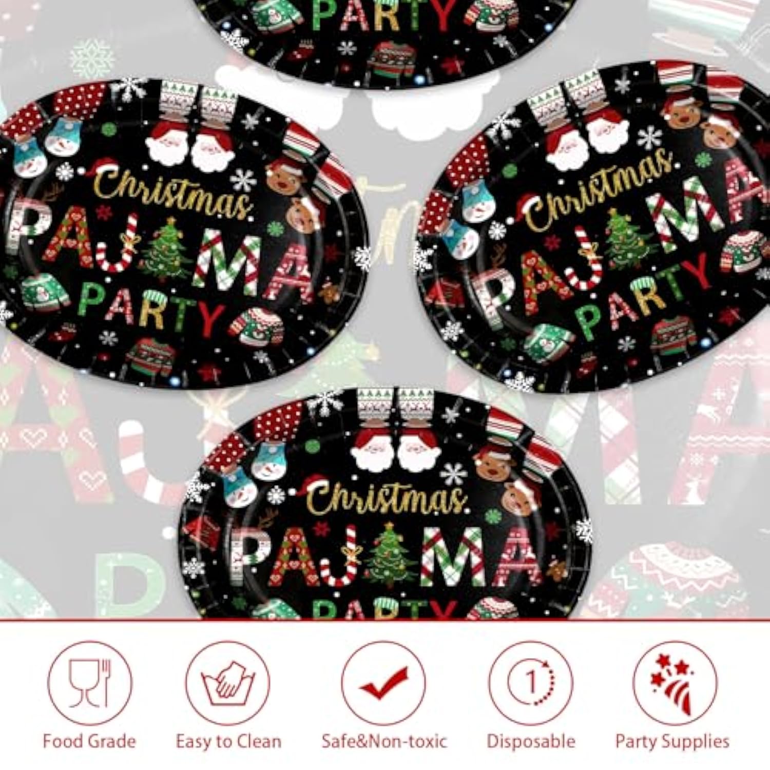 50Pcs Christmas Pajama Oval Paper Plates 10" X 12" Large Disposable Heavy Duty Black Merry Xmas Tree Santa Sweater Plates Funny Christmas Platters For Happy Winter Birthday Holiday Party Decorations