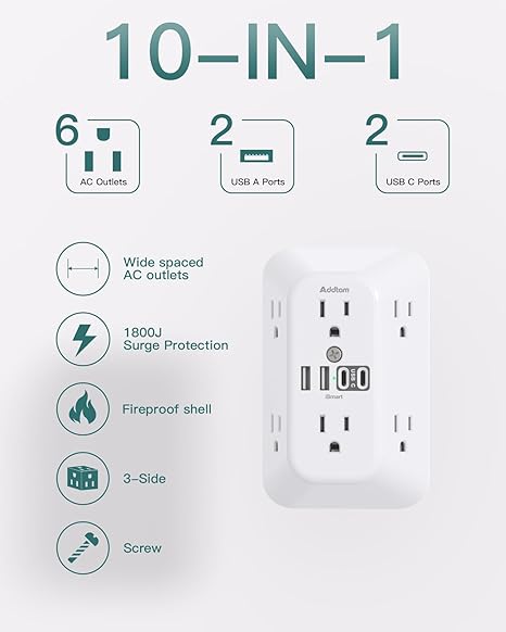 Surge Protector Outlet Extender 6 Outlets 4 USB Ports 2 USB C 1800J Wall Charger