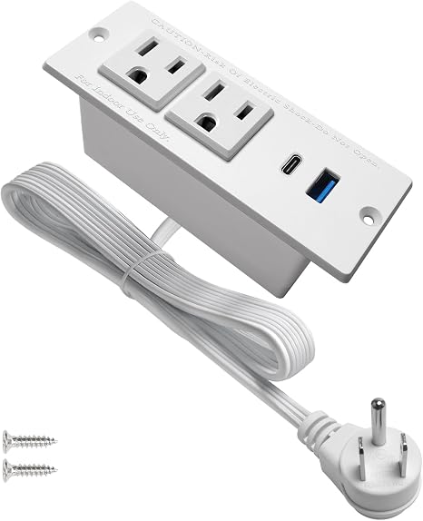 Recessed USB C Power Strip 2 Outlets 2 USB Ports PD20W QC18W 6FT Flat Plug Extension Cord White
