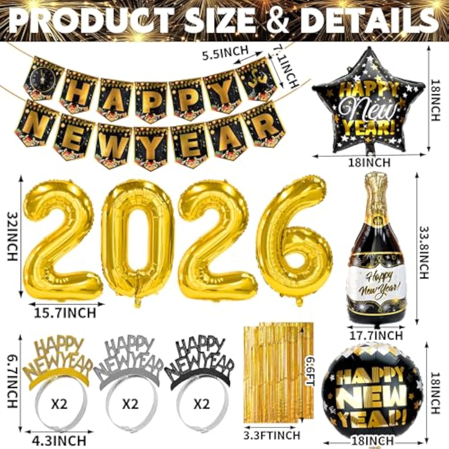 136 Pcs Black Gold Happy New Year 2026 Party Decoration Set