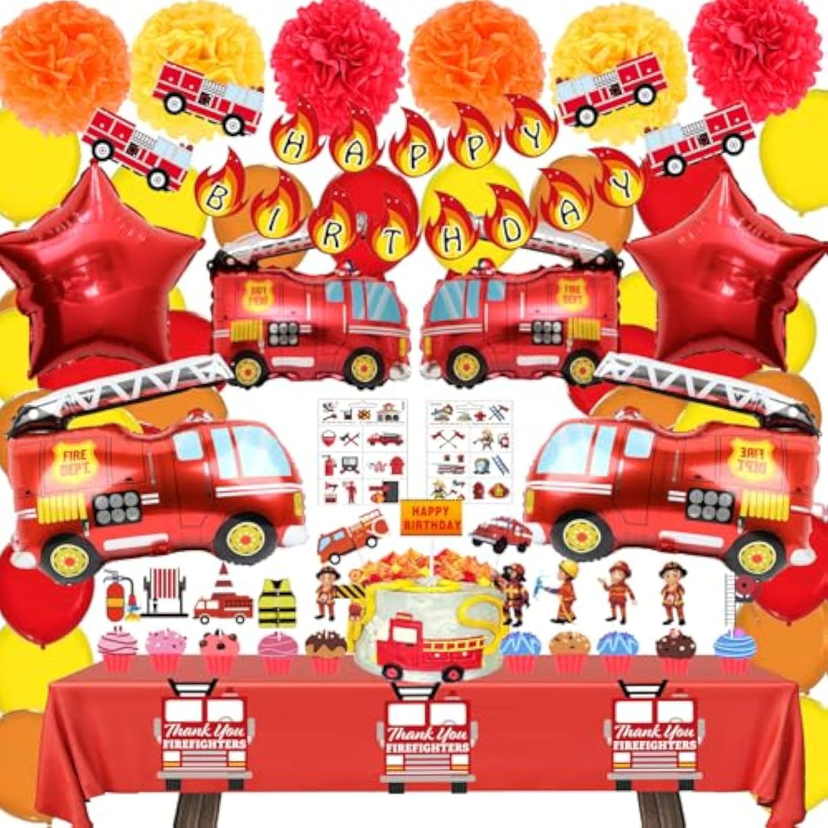 Fire Truck Theme Party Supplies Set : Decorations With Happy Birthday Banner , Table Covers , Foil & Latex Balloons . Cake Topper , Paper Pom , Firefighter Tattoo Sticker . Perfect For Kids Party !