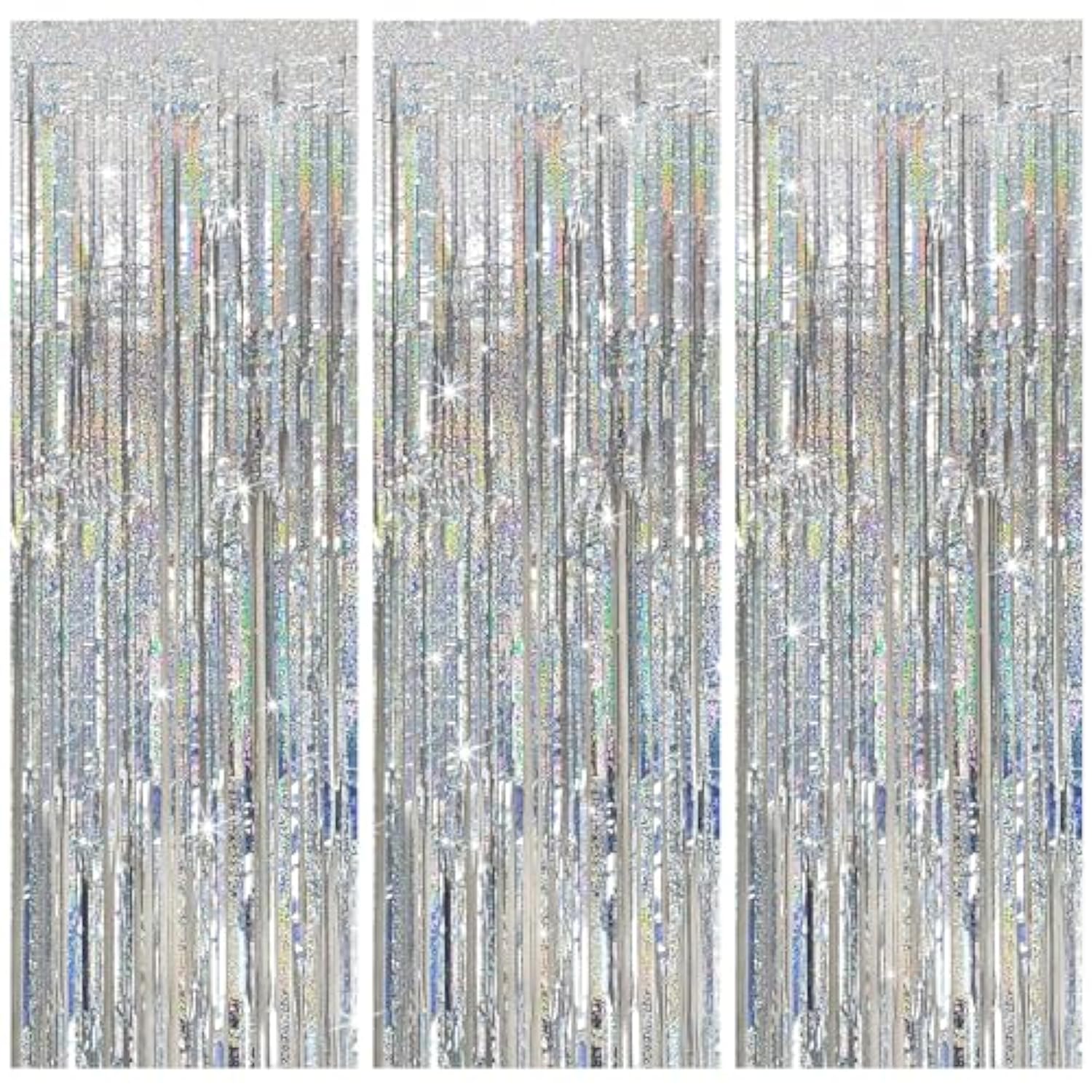 3Pack Silver Foil Fringe Backdrop Curtains, Tinsel Streamers for Parties & Events