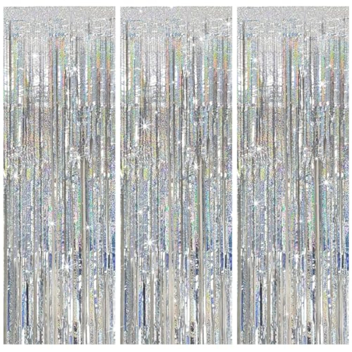 3Pack Silver Foil Fringe Backdrop Curtains, Tinsel Streamers for Parties & Events