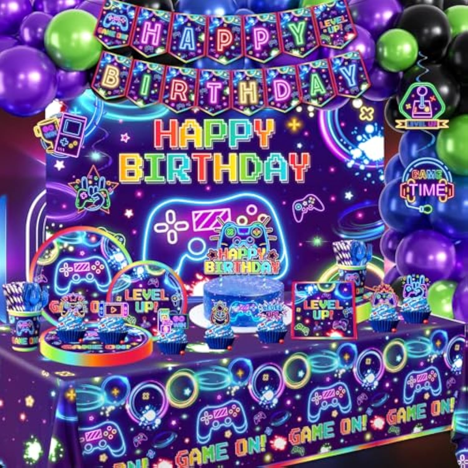 Video Game Birthday Decorations, 258Pcs Gaming Party Decorations Gamer Birthday Plates And Napkins, Cups, Tablecloth, Banner, Balloons, Cake Toppers Game Party Decorations For Boys Serve 24