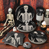 Halloween Tableware Set Smiling Skeleton Disposable Plates Napkins Cups Cutlery for 25 Guests