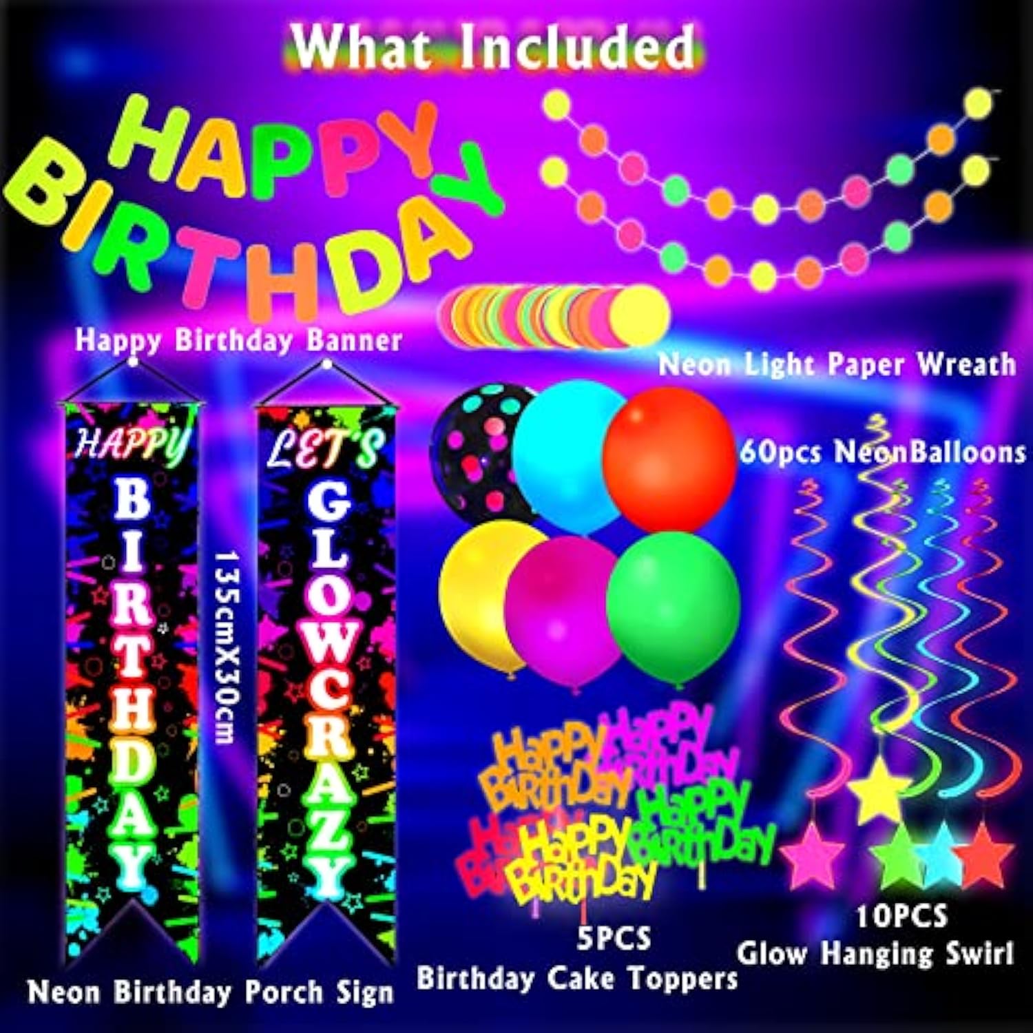 Glow In The Dark Birthday Party Decorations With Neon Balloons Garland, Porch Sign Let'S Glow Crazy - Party Supplies And Decor