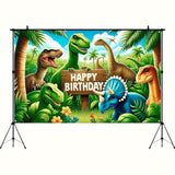 71×43" Dinosaur Jungle Birthday Banner with T-Rex & Triceratops Backdrop
