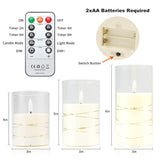 Flickering Flameless Candle With Star String Lights,Acrylic Battery Operated Pillar Candles With Remote Control For Romantic Mood Festival Wedding Home Party Decor - 3 Pack Pure White