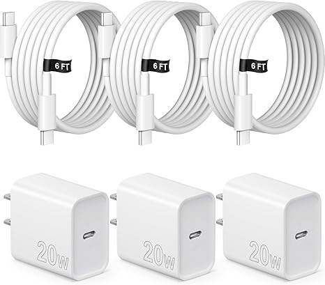 3 Pack 20W USB C Fast Wall Charger with 6FT USB C Cable for iPhone 17 16 15