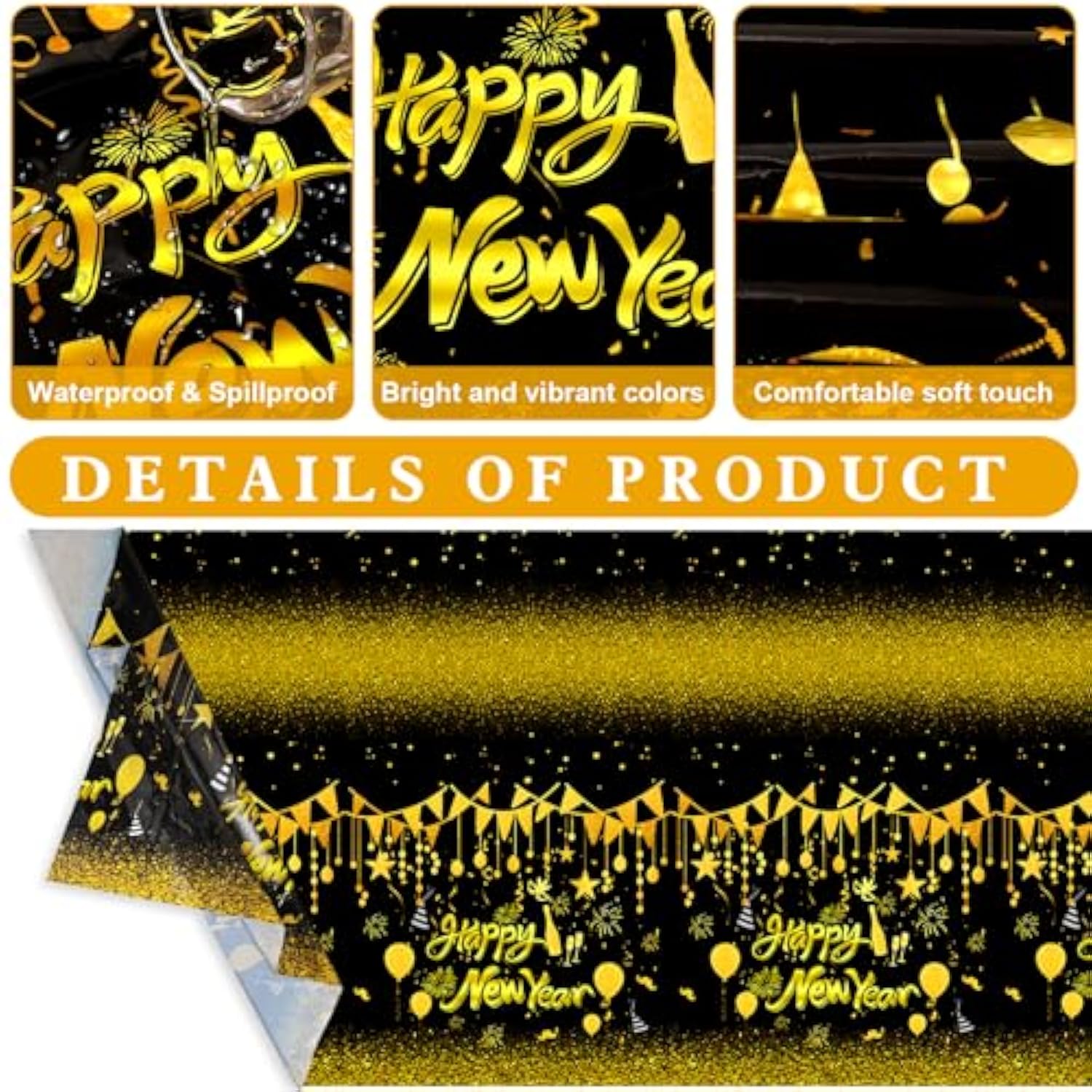 3pcs Black Gold New Year 2026 Tablecloth with Stars for Party Decor 108x54