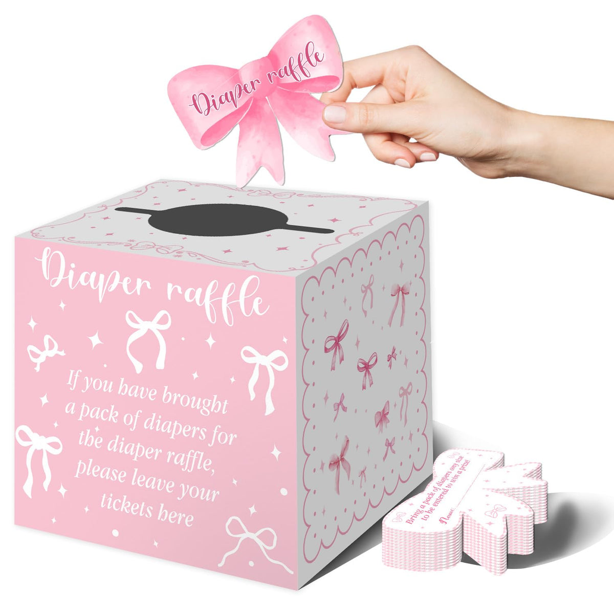 Pink Bow Baby Shower Decorations, Diaper Raffle Box For Baby Shower With 50Pcs Cards Kids' Party Banners Game For Girl, Pink Bow Baby Shower Decorations Baby Shower Raffle Tickets
