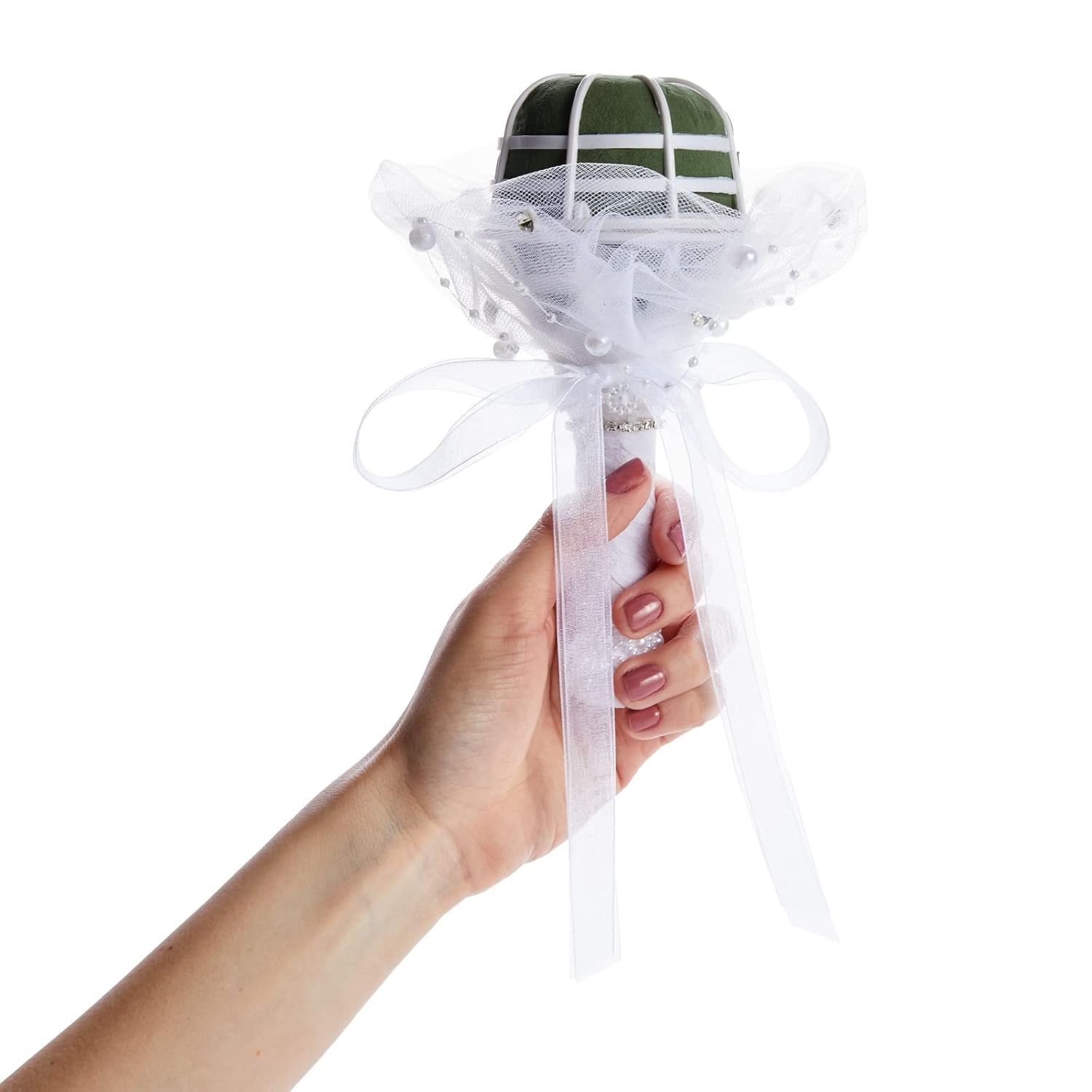 Wedding Bouquet Holder - 3 X 7 In, White Lace & Rhinestones - Foam Bridal Bouquet Holder For Bride & Bridesmaid Fresh & Artificial Flower Arrangements