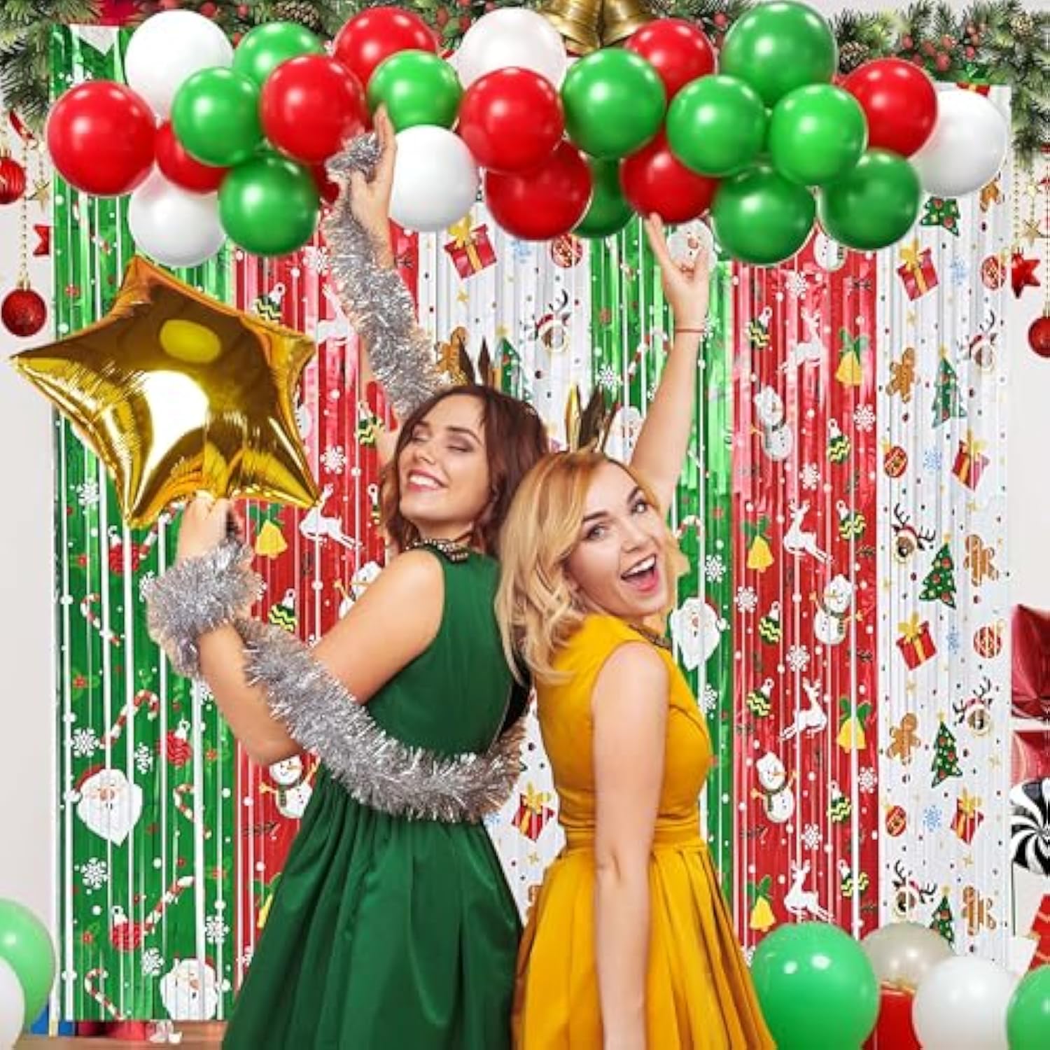 Christmas Party Decorations Set With Merry Christmas Banner, 35 Balloons, 18 Photo Props, 2 Foil Curtains, Red Green White