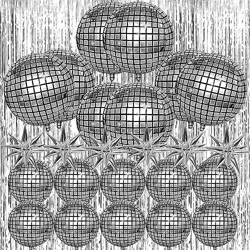 24 Disco Ball Balloons With 3 foil fringe curtains, Huge Silver Explosion Star Aluminum Foil Balloons for Birthday Silver Party 70s 80s 90s Theme Disco Party Decorations Supplies