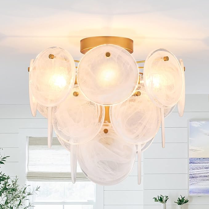 4 Light Gold Glass Ceiling Light Vintage Flush Mount Chandelier Fixture