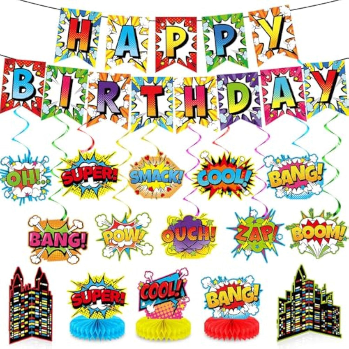 27Pcs Super Theme Party Decorations Set Hero Birthday Banner Hanging Swirls And Honeycomb Centerpieces Fun Hero Theme Party Decor For Boys Girls Kids Baby Shower Party Supplies Favor