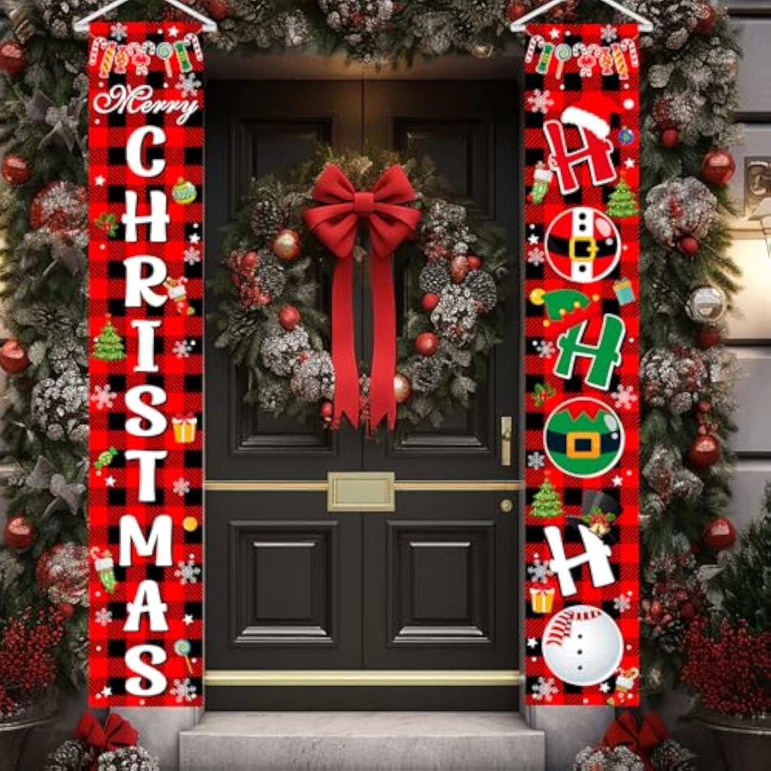 Merry Christmas Front Door Sign Red Buffalo Plaid Christmas Banner - Indoor/Outdoor Decorations