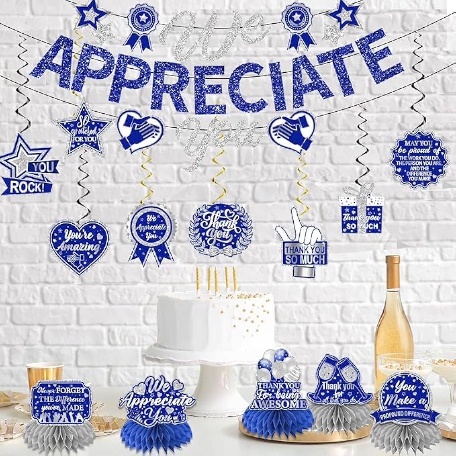 We Appreciate You Decorations, Blue Silver Thank You Decorations Includes We Appreciate You Banner And Employee Appreciation Table Decorations And Hanging Swirls For Pastor Appreciation Decorations