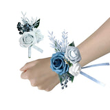 Corsage And Boutonniere Set For Bride Groom Bridesmaids Groomsmen Wedding Prom Elegant Corsage Boutonniere Kit Supplies, Artificial Flowers Suit Accessories (1, Dusty Blue)