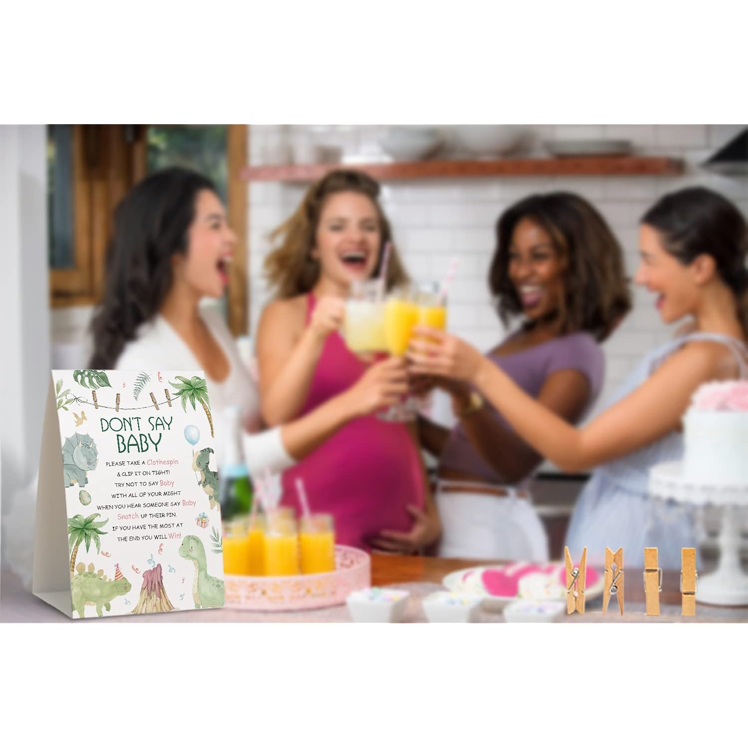 Don'T Say Baby Clothespin Games,Dinosaur Baby Shower(Pack Of 1 Sign And 50 Mini Clothespins),Baby Shower Decorations,Baby Shower Game Gender Neutral,Party Favors Supplies - 50