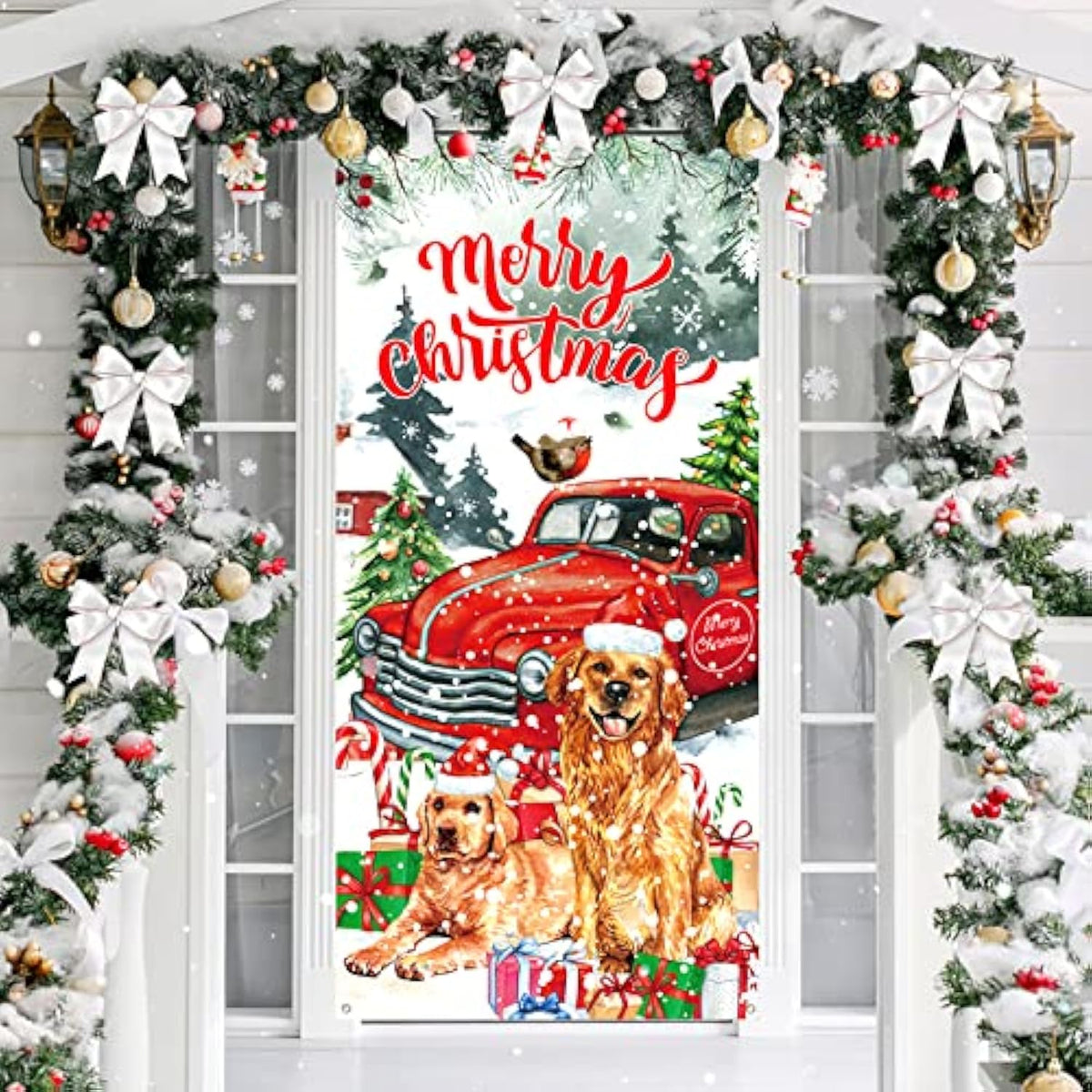 Red Truck & Golden Retriever Christmas Door Cover 73x36 Inch Welcome Banner