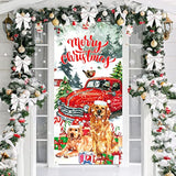 Red Truck & Golden Retriever Christmas Door Cover 73x36 Inch Welcome Banner