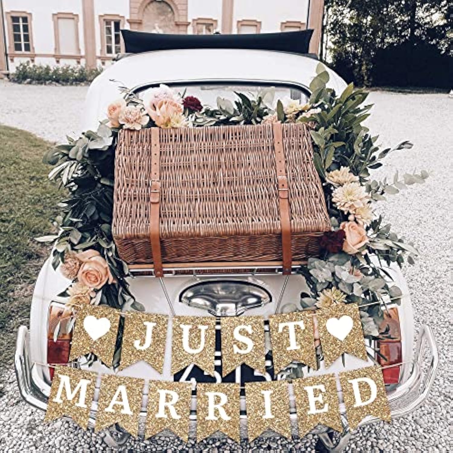 Pre-Strung Just Married Banner - No Diy - Gold Glitter Wedding Party Banner - Pre-Strung Garland On 6 Ft Strands - Gold Wedding Reception Party Or Car Decorations & Decor. Did We Mention No Diy