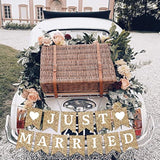Pre-Strung Just Married Banner - No Diy - Gold Glitter Wedding Party Banner - Pre-Strung Garland On 6 Ft Strands - Gold Wedding Reception Party Or Car Decorations & Decor. Did We Mention No Diy