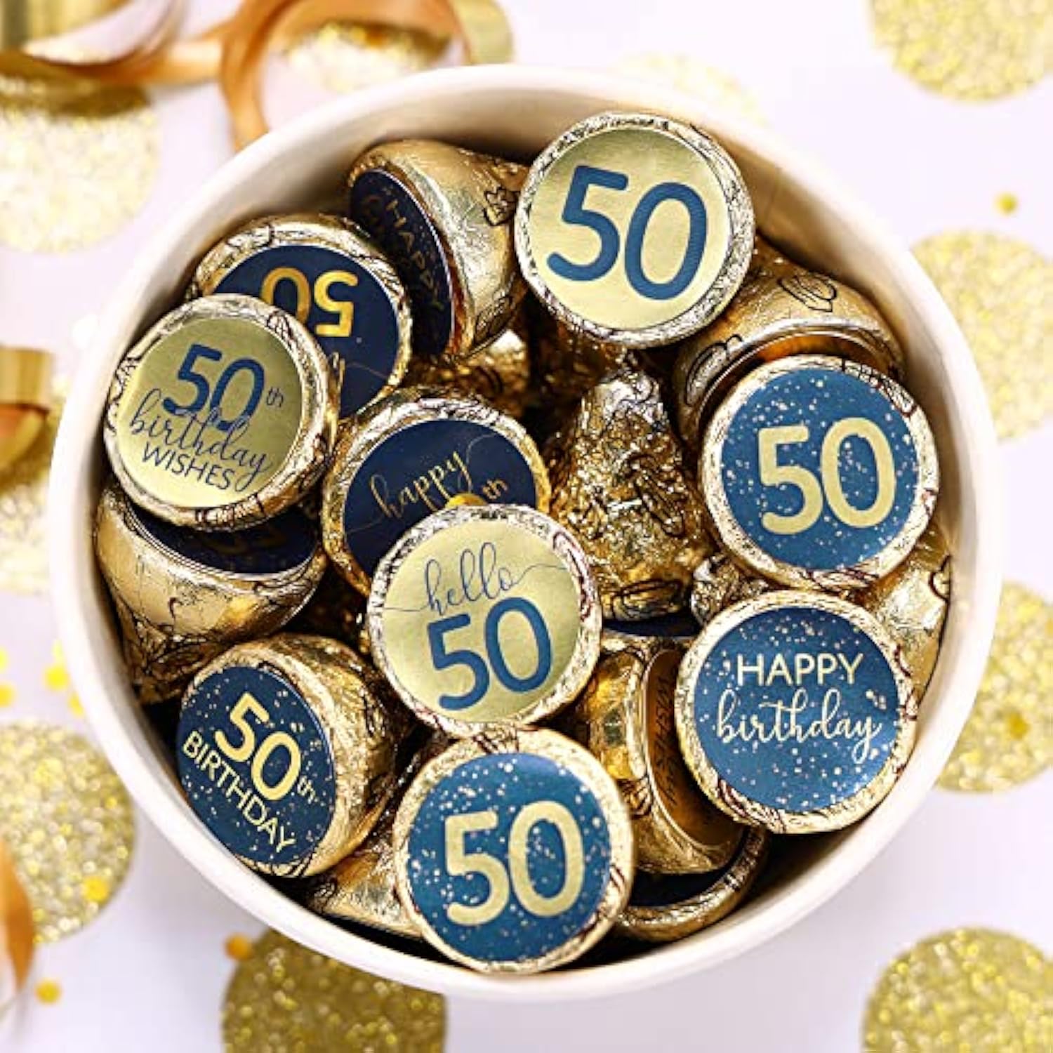 50Th Birthday Party Favor Stickers – 180 Navy Blue And Gold Foil Labels For Chocolate Kisses – Candy Decorations For 50Th Birthday Celebration – Milestone Party Supplies For Him Or Her
