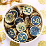 50Th Birthday Party Favor Stickers – 180 Navy Blue And Gold Foil Labels For Chocolate Kisses – Candy Decorations For 50Th Birthday Celebration – Milestone Party Supplies For Him Or Her