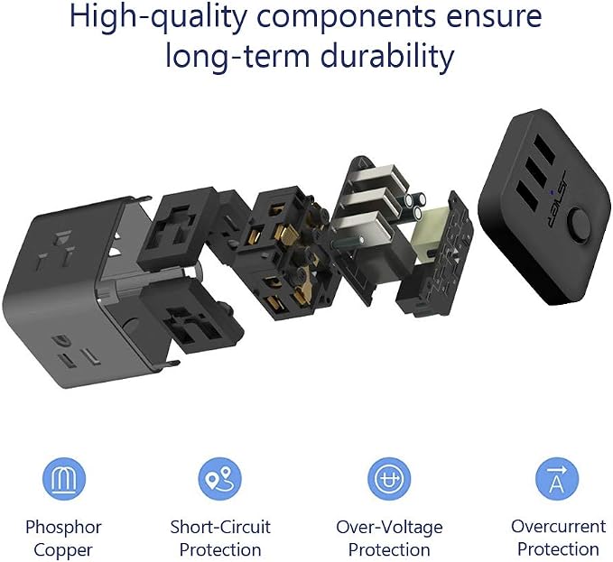 JSVER Cruise Ship Approved Power Strip with 3 Outlets and 3 USB Ports 5 ft Cord