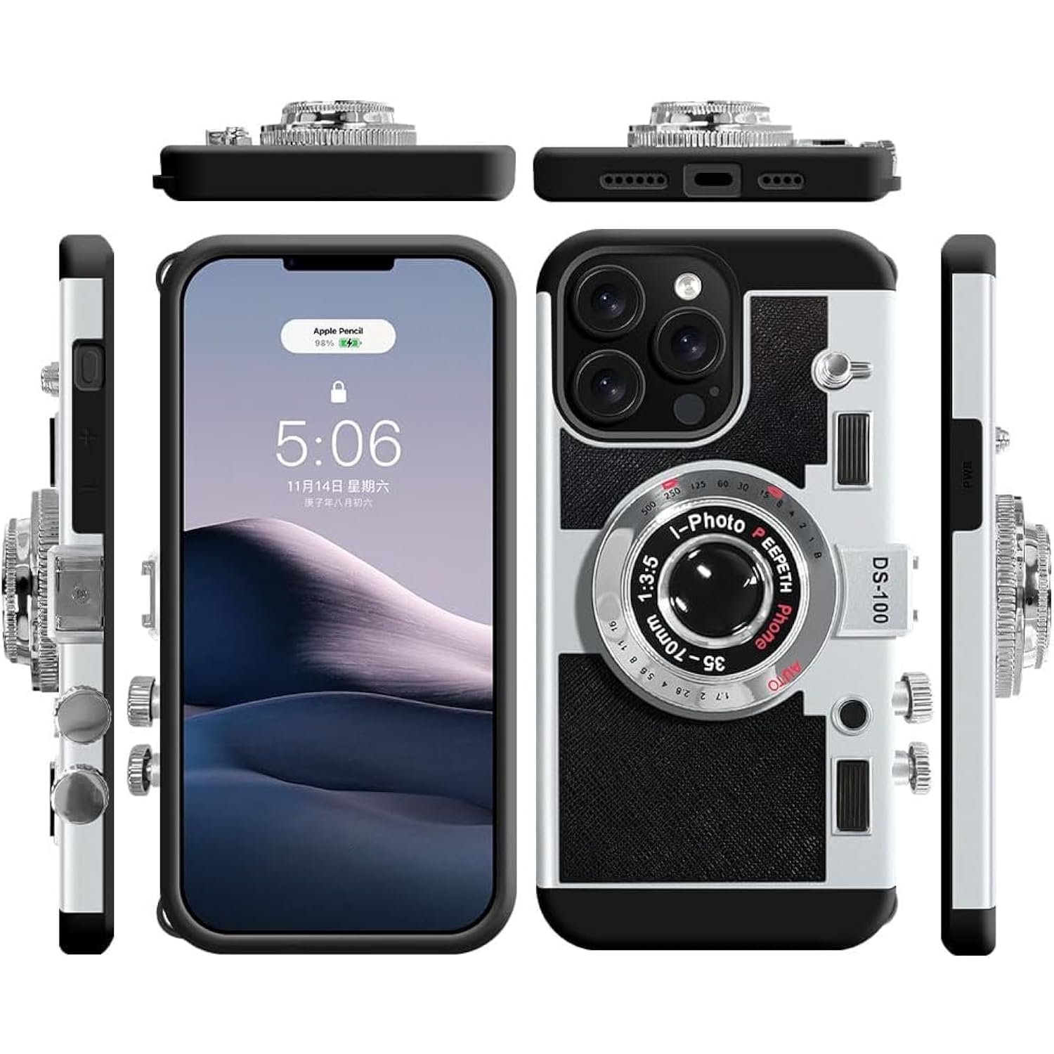 Vintage Camera Phone Case for iPhone 16 with Removable Lanyard Strap, Cute 3D Unique Design Silicone Cover for Girls Kids Women Black