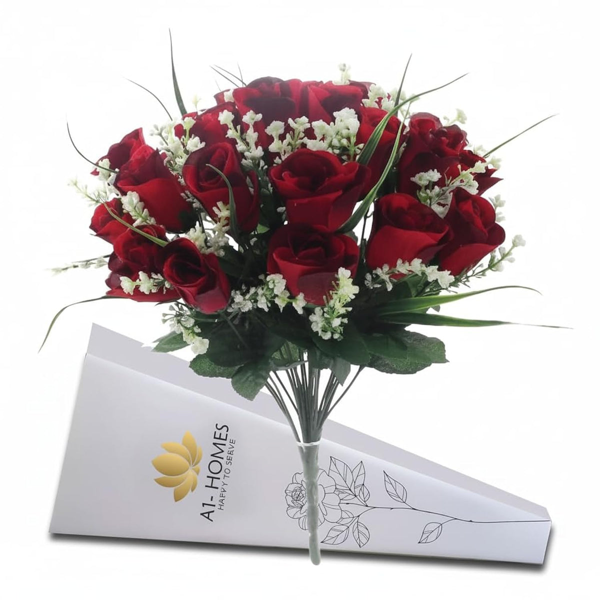 16" Artificial Silk Red Rose Bush With Gyp & Foliage 24 Flower Heads- Wedding Grave Home Decoration (1, Red With Gyp)