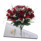 16" Artificial Silk Red Rose Bush With Gyp & Foliage 24 Flower Heads- Wedding Grave Home Decoration (1, Red With Gyp)