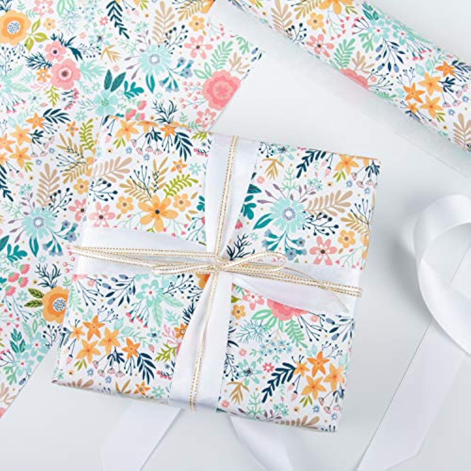 Floral Wrapping Paper Roll - Mini Roll - 17 Inch X 33 Feet - Spring Summer Garden Flower Design Perfect For Wedding, Bridal Shower, Birthday, Baby Shower