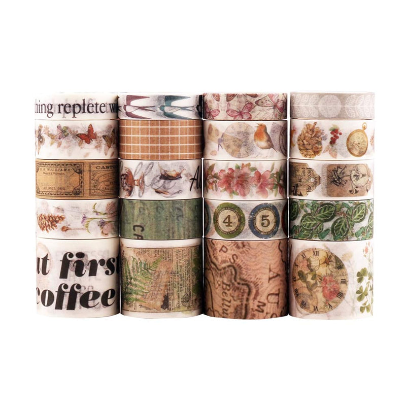 20 Rolls Washi Tape Set, Vintage Masking Tape With 3 Sizes 10/15/30Mm Wide, No