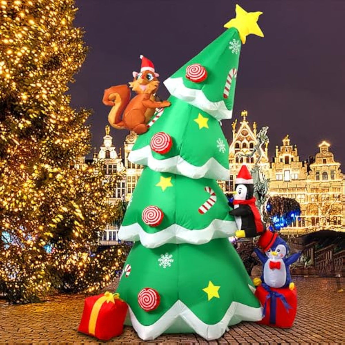 7Ft Inflatable Christmas Tree Outdoor Decorations, Blow Up Christmas Tree With Penguins, Xmas Yard Decor With Built-In L