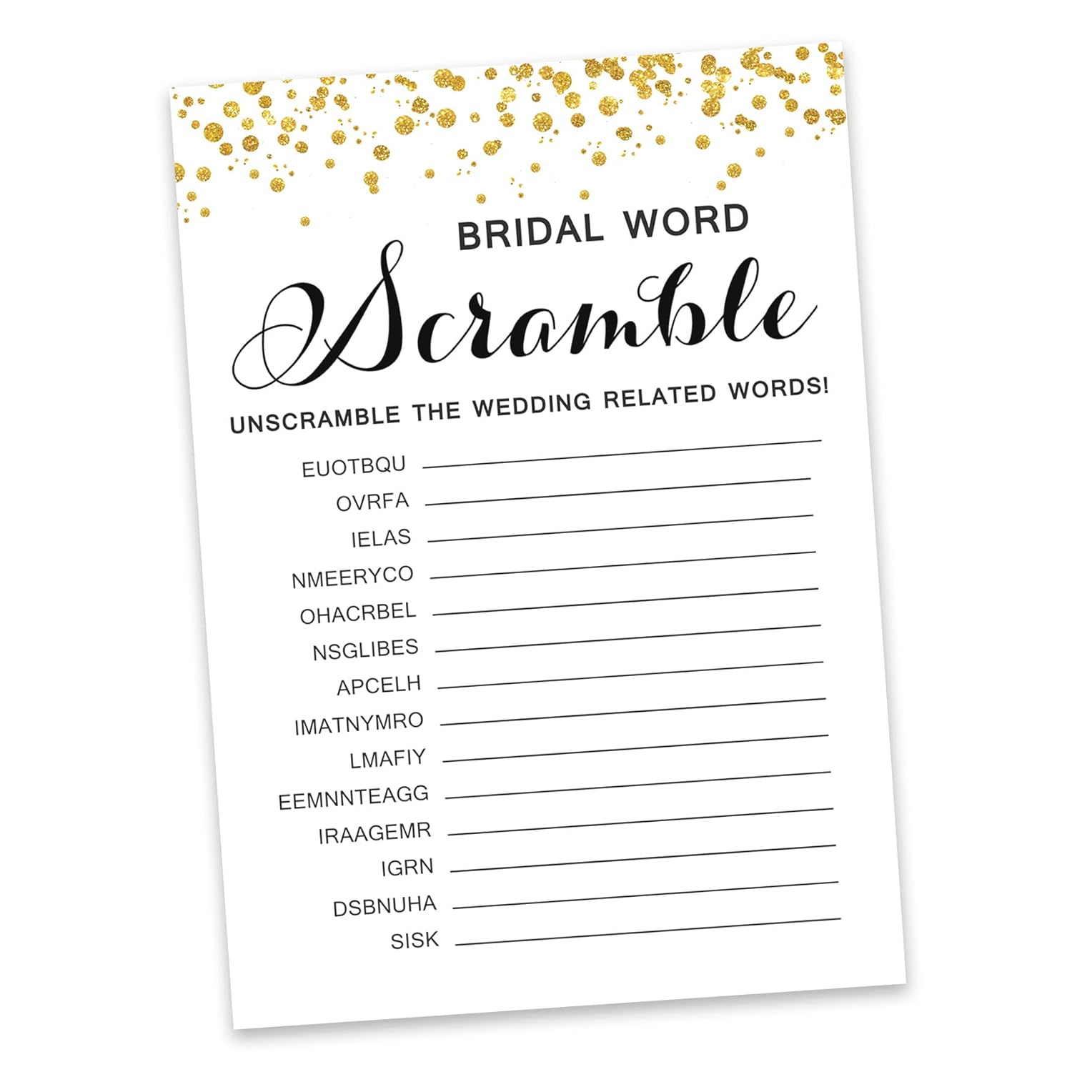 50-Pack Wedding Word Scramble Bridal Shower Game Cards Gold Confetti Party Wedding Supplies