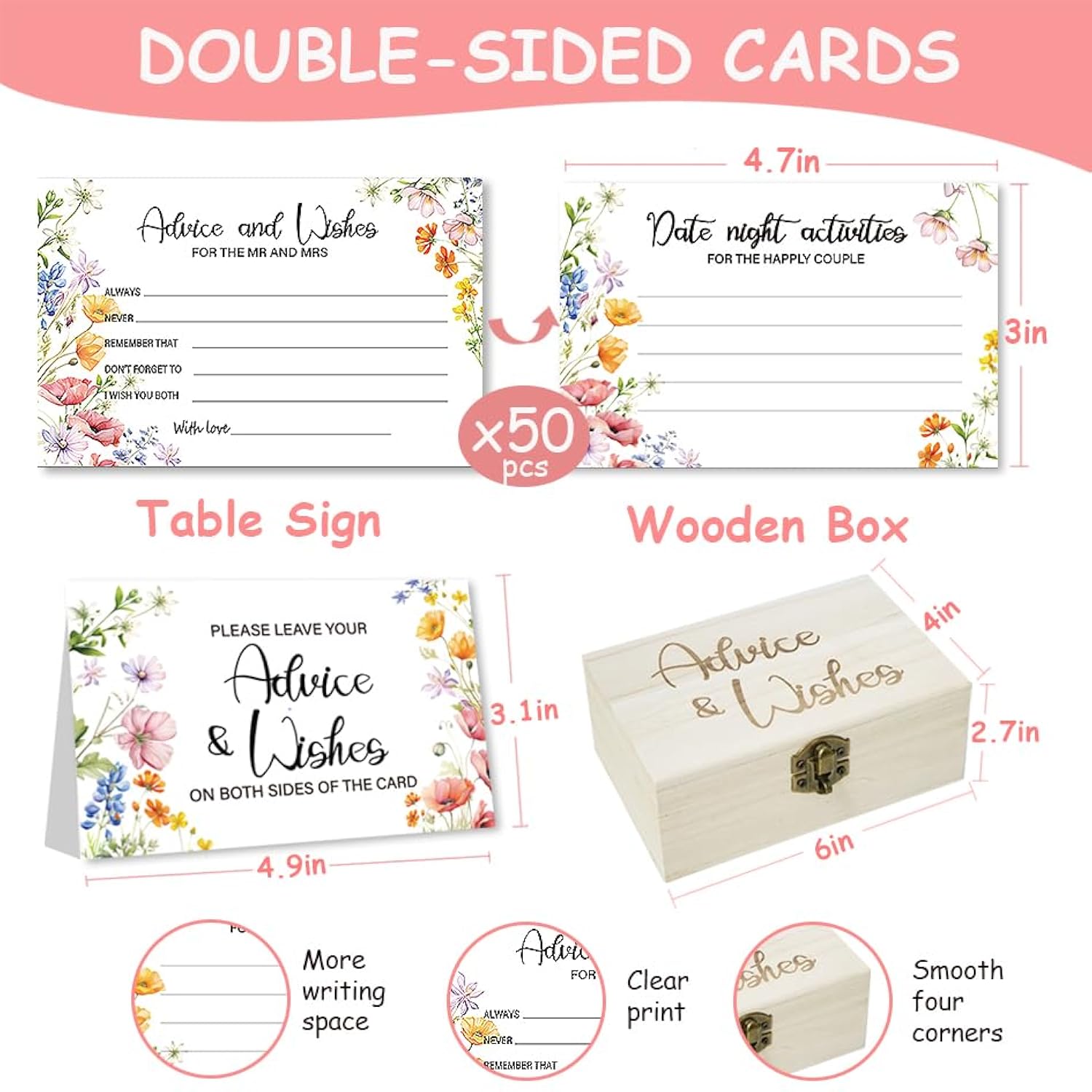 50Pcs Flower Wedding Advice Cards For Bridal Shower Games, Wildflower Advice And Wish Cards Box For The Mr And Mrs Bridal Shower Decorations