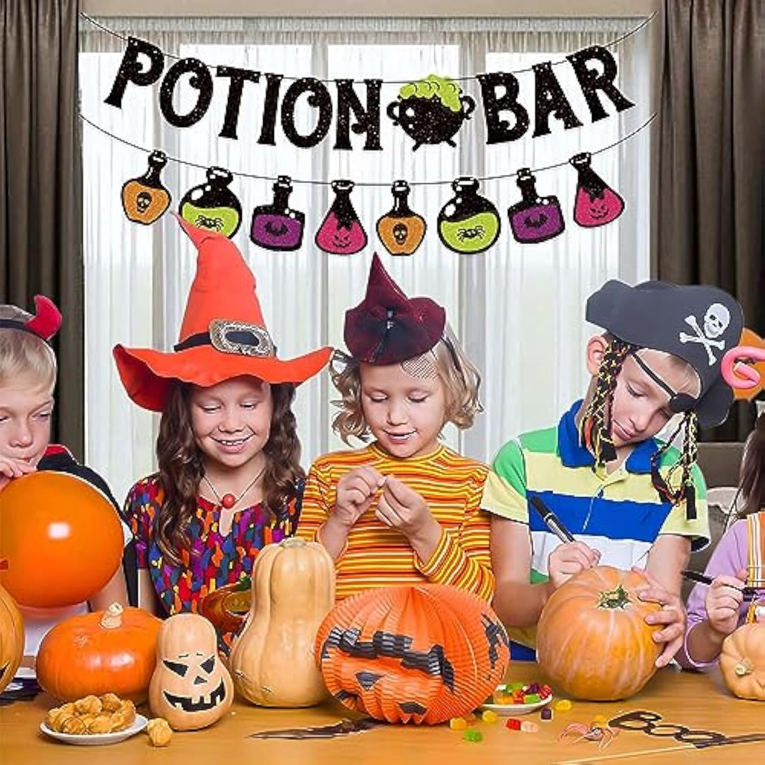 Potion Bar Banner Halloween Poison Bat Horrible Witches Haunted House Theme For Men Women Halloween Festival Holiday Party Purple Glitter Decorations (Potion Bar)