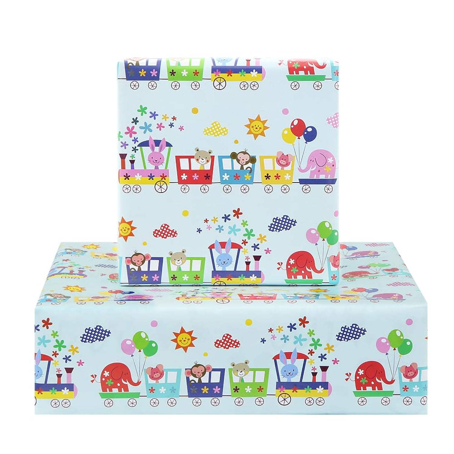 Colorul Cute Animal Party Choo Choo Train With Flower Sunshine Clouds And Happy Balloons Gift Wrapping Paper For Birthday Holiday Christmas- (28"X20" Per Sheet, Foled Flat 4-Sheets, 1-Designs: 15 Sq.