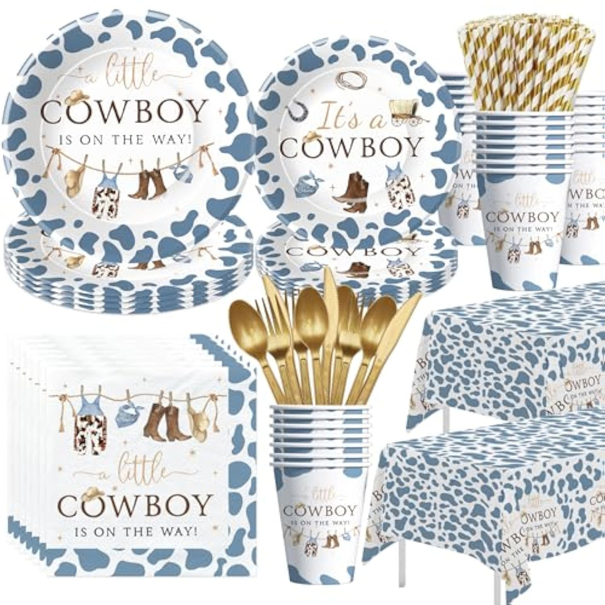 Western Cowboy Baby Shower Decorations Tableware - Wild West Rodeo Little Cowboy Baby Boy Table Decorations Party Supplies, Paper Plate, Cup, Napkin, Tablecloth, Cutlery | Serves 24
