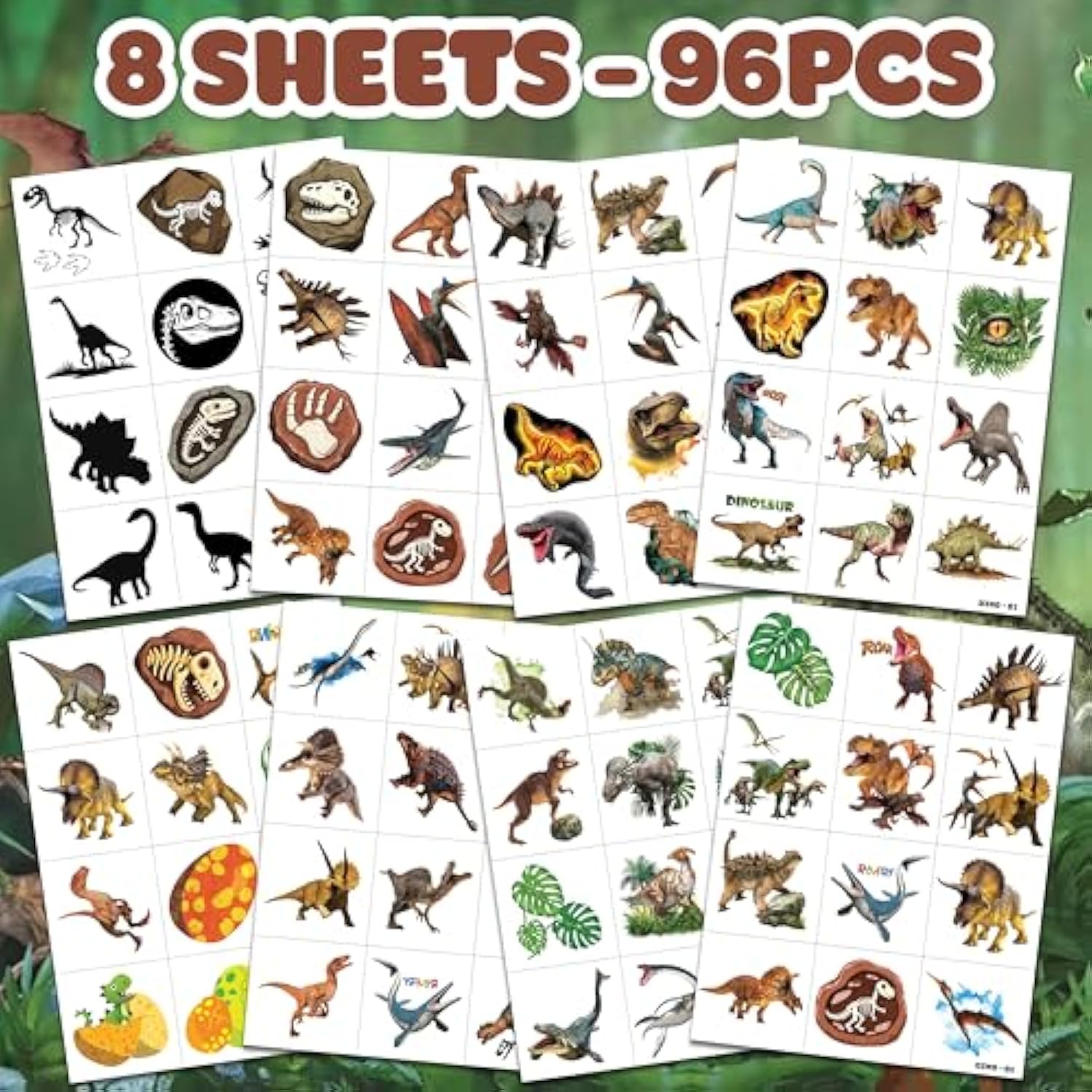 96 Pcs Dinosaur 3D Pre-Cut Temporary Tattoos For Kids | Super Cute Themed Birthday Party Favors, Supplies, Decorations, Funny Jungle Fake Tattoo Stickers (Multiple)